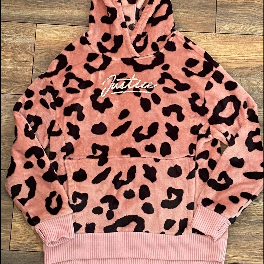 Justice pink leopard velour hoodie sweatshirt size 10. EUC